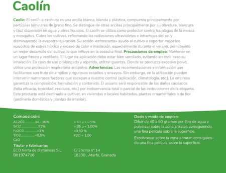 Etiqueta Caolín Agricultura - descripción